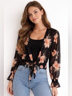 Black Floral Sheer Mesh Tie Front Kimono Top Long Sleeve Boho Whimsigoth